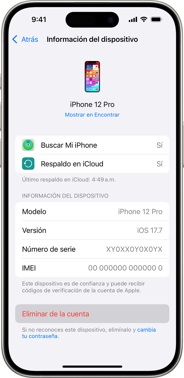 iPhone donde se muestra el botón Eliminar de la cuenta de un dispositivo