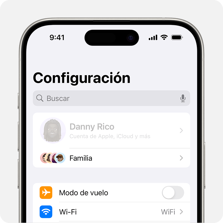 Un iPhone en el que se muestra el nombre del propietario en color gris en la parte superior de Configuración.