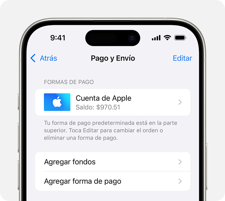 Una pantalla de iPhone en la que se muestra la configuración de Pago y envío de la cuenta de Apple. Para agregar un método de pago, toca Agregar forma de pago.