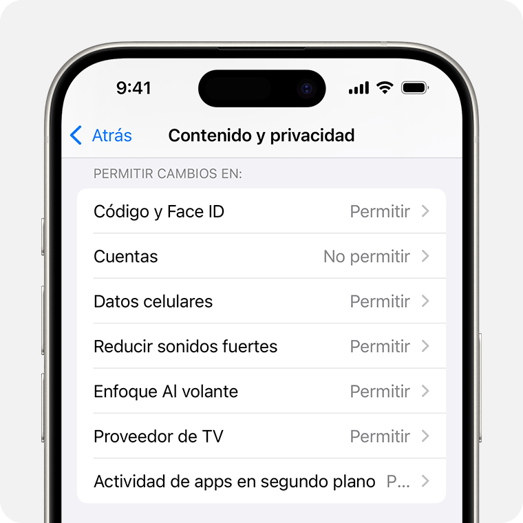 Un iPhone en el que se muestra la opción Restricciones de contenido y privacidad que puedes activar en Tiempo en pantalla.