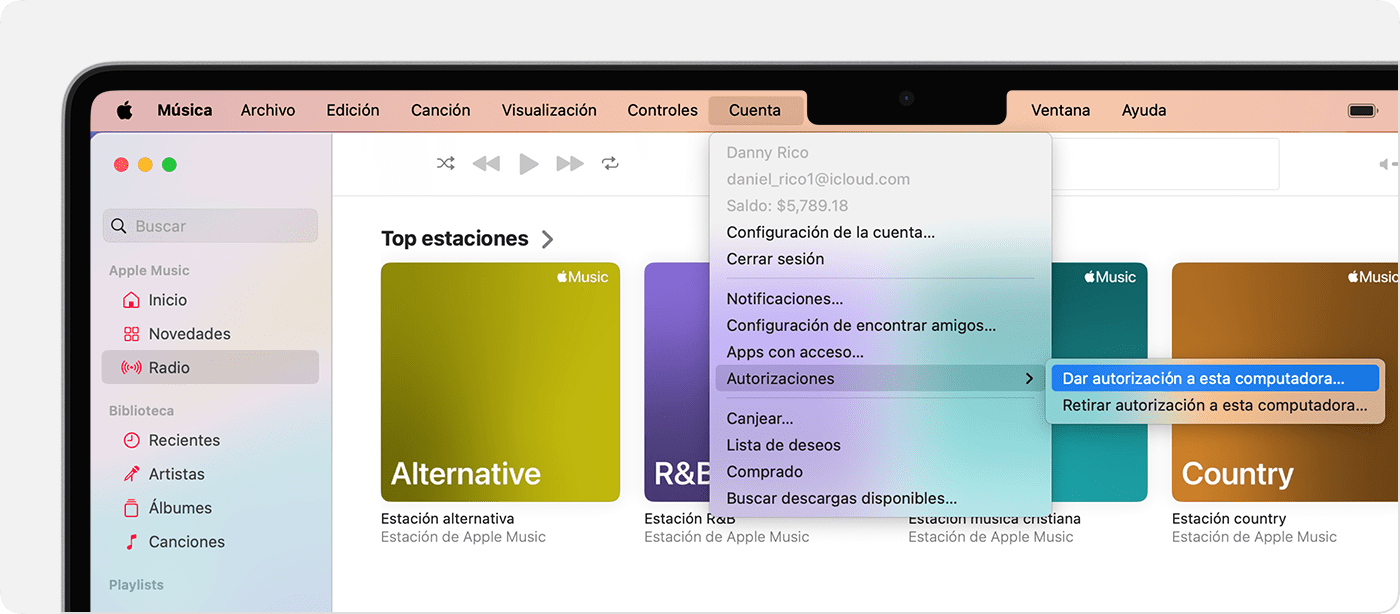La app Apple Music en una Mac en la que se muestran las opciones Dar autorización a esta computadora o Retirar autorización a esta computadora