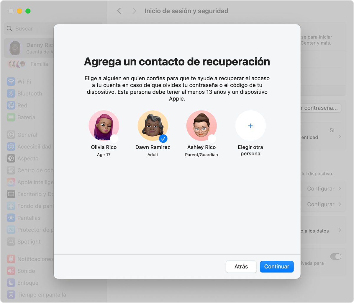 Mac donde se muestran los contactos que puedes agregar como contacto de recuperación