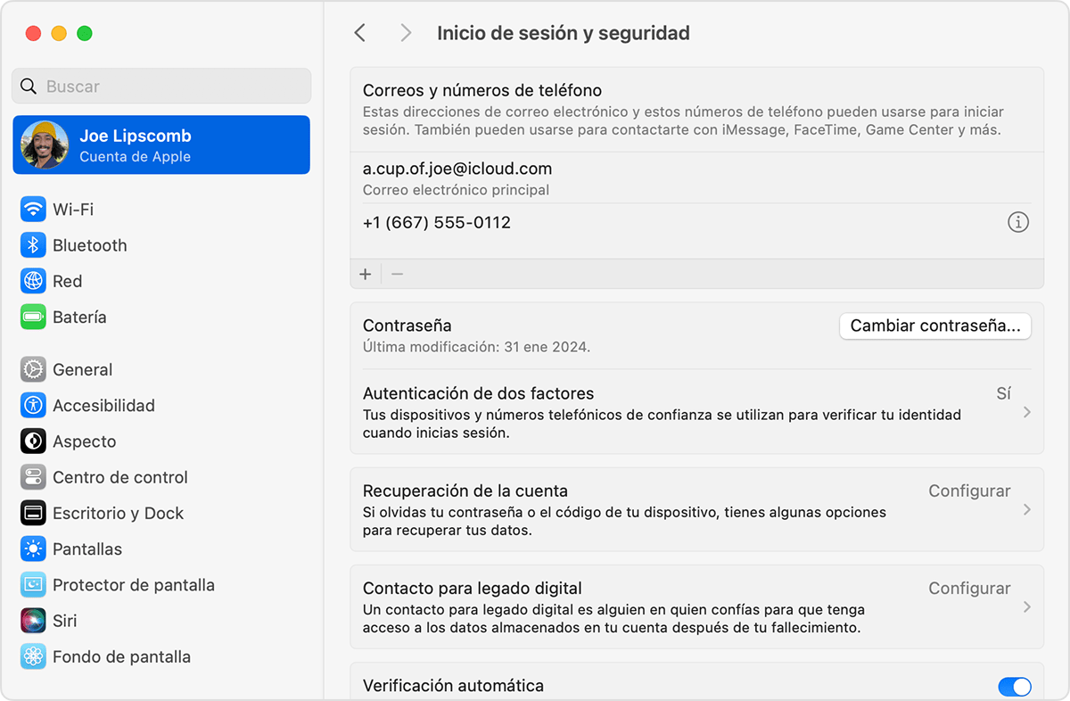 Configuración del Sistema de la Mac donde se muestran la configuración de Inicio de sesión y seguridad y el botón Cambiar contraseña