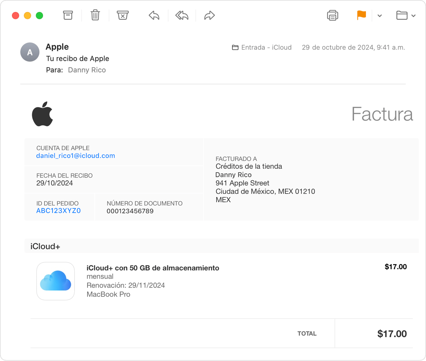 Una imagen que muestra un recibo de Apple en una bandeja de entrada de iCloud Mail.