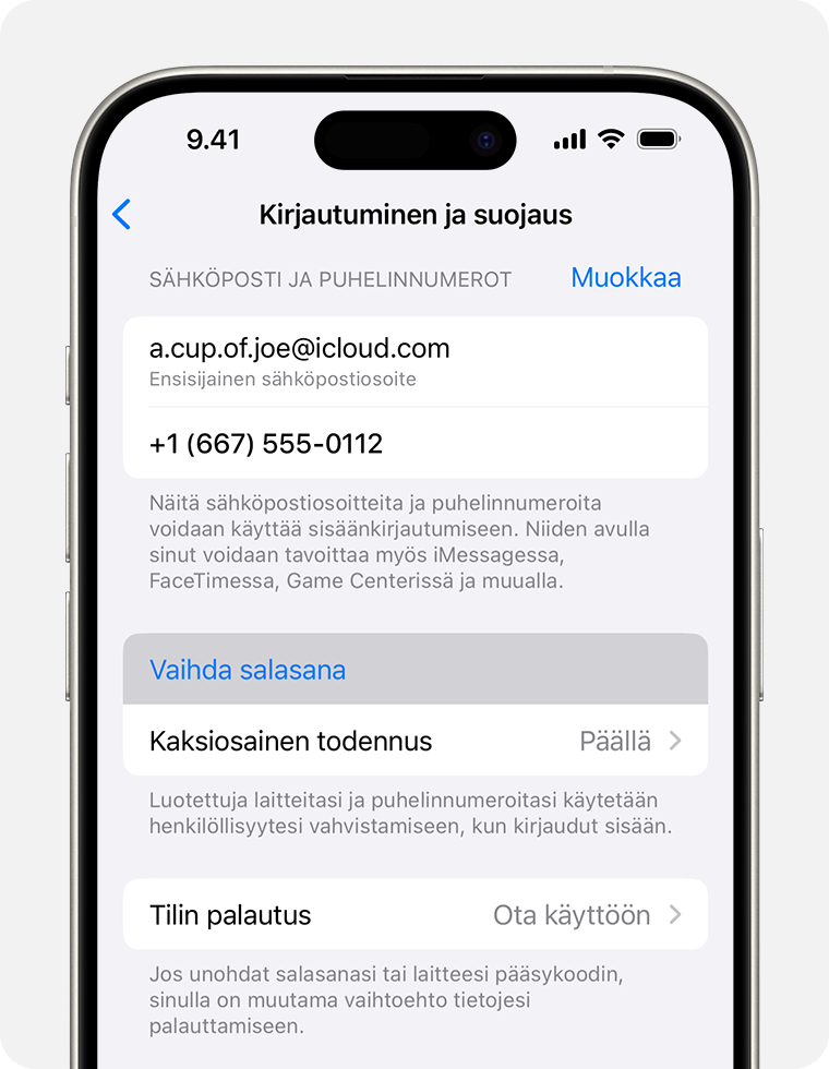 iPhone, jossa näkyy Vaihda salasana ‑painike Asetuksissa