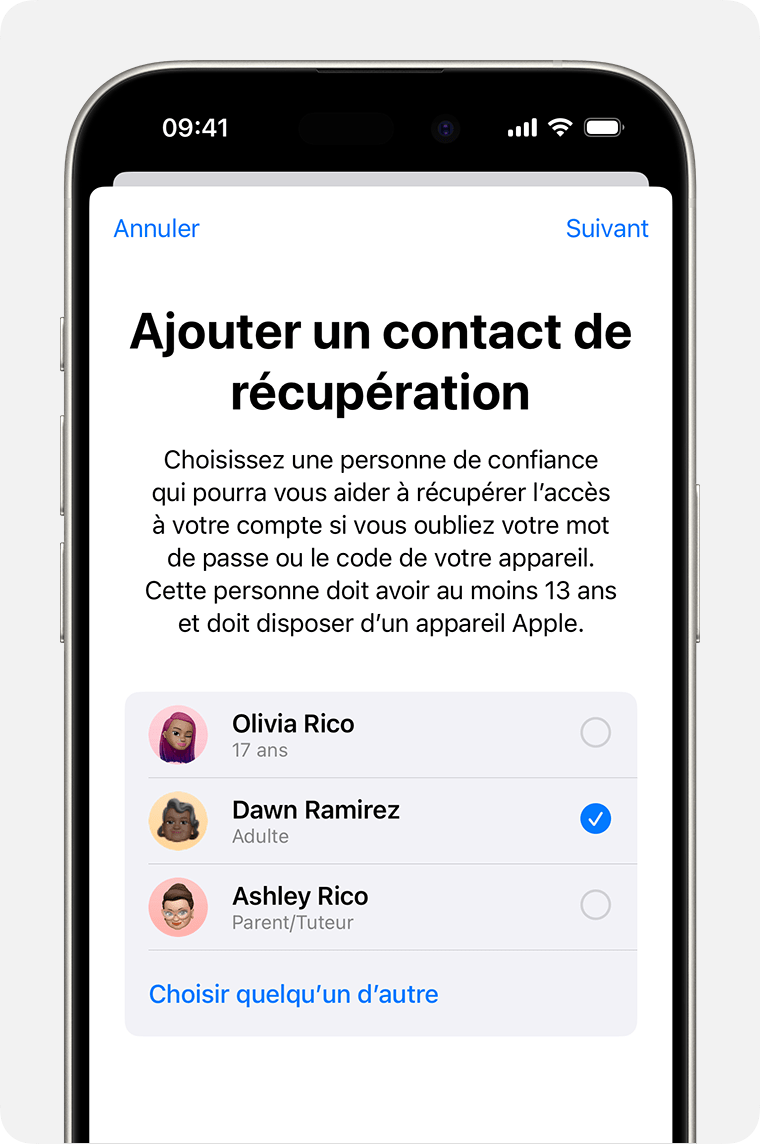 Écran d’iPhone montrant les contacts que vous pouvez ajouter en tant que contact de récupération