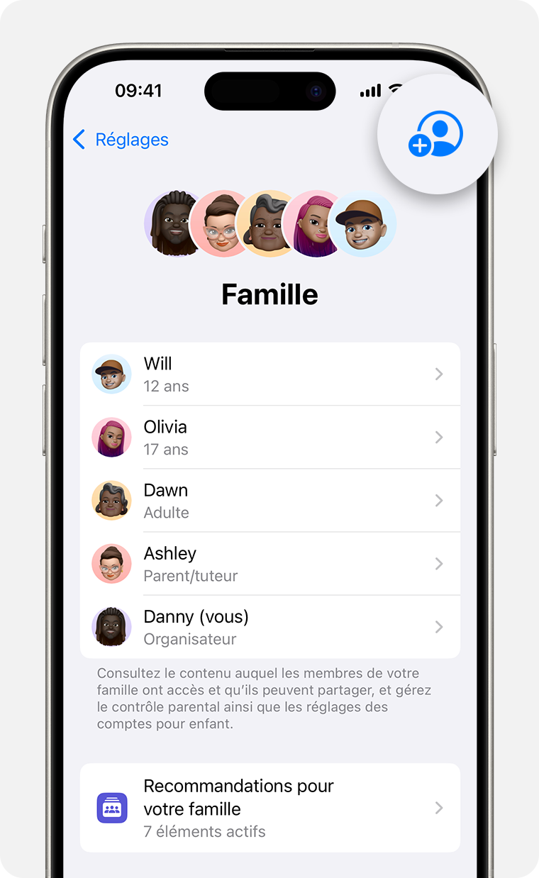 L’écran iPhone affiche les étapes à suivre pour ajouter un membre à votre groupe de Partage familial.