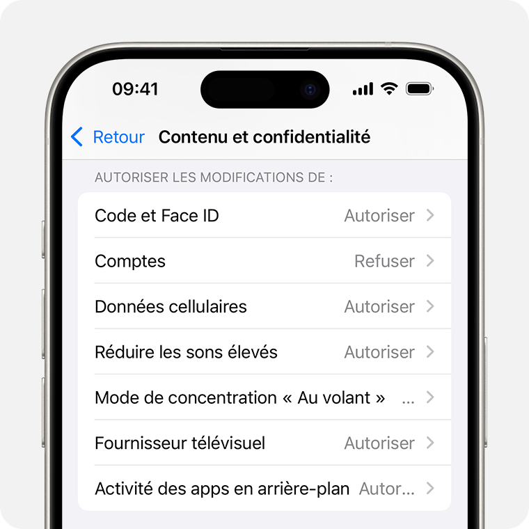 Un iPhone affichant les restrictions de contenu et de confidentialité que vous pouvez activer dans Temps d’écran.