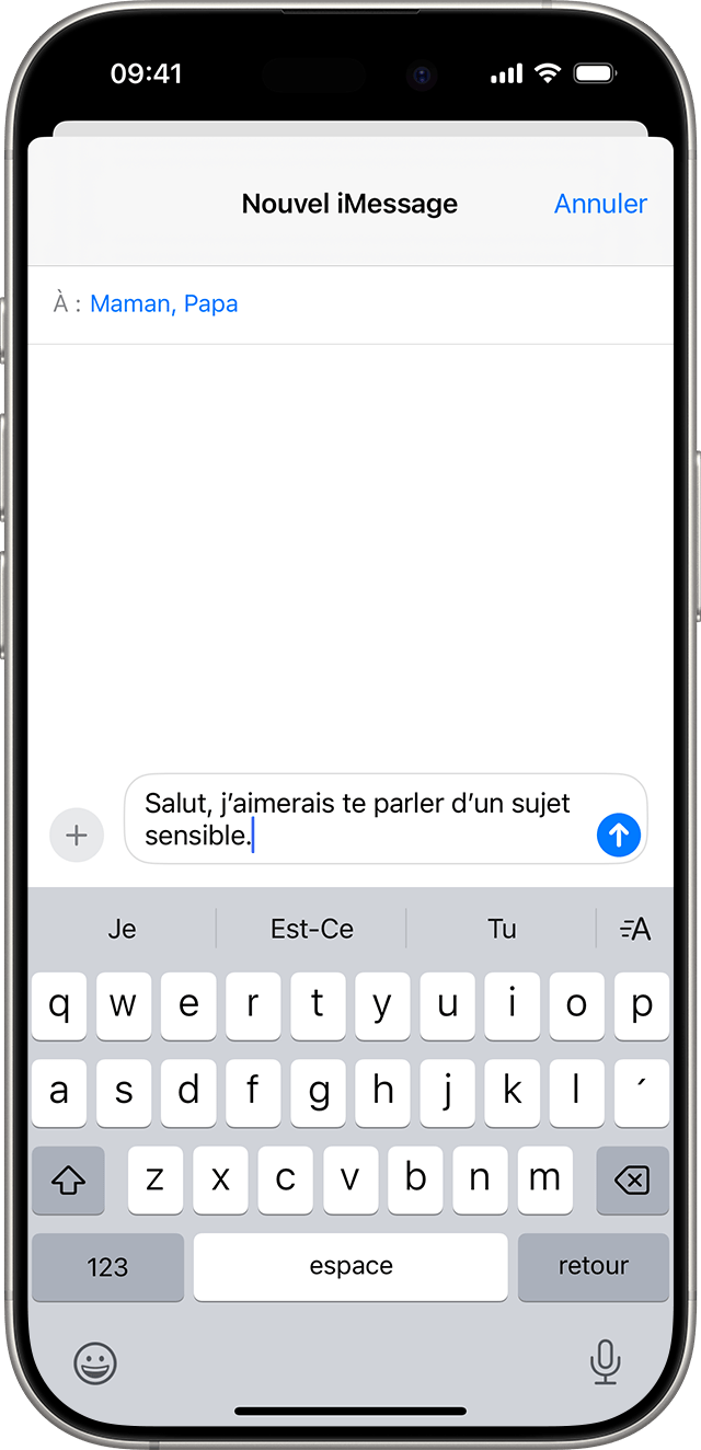 La sécurité des communications invite votre enfant à envoyer un message à un adulte de confiance.