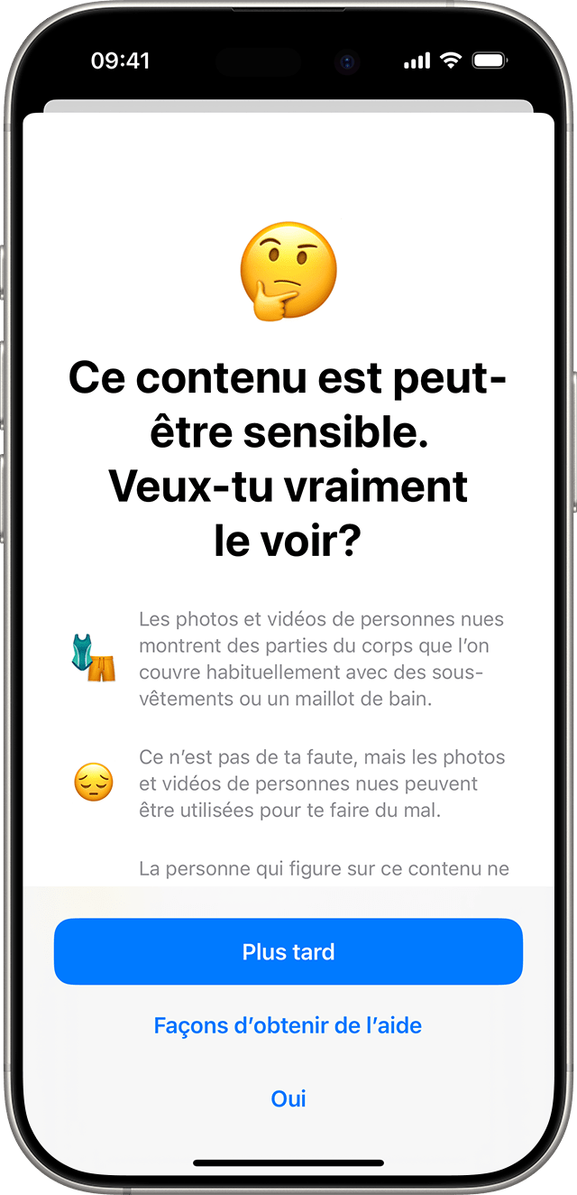 La sécurité des communications permet de demander à l’enfant s’il souhaite vraiment afficher du contenu potentiellement sensible et de proposer des moyens d’obtenir de l’aide.