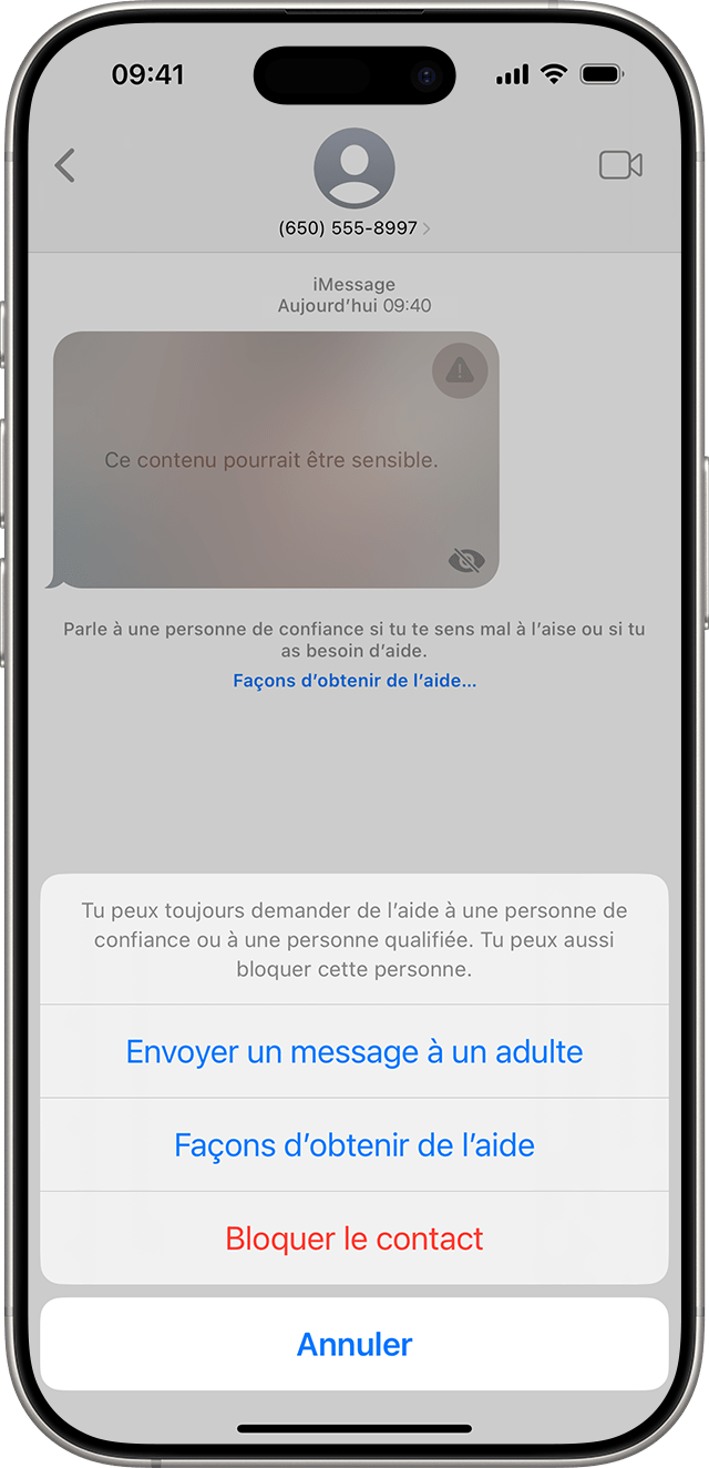 Lorsque votre enfant reçoit une image ou une vidéo qui semble contenir de la nudité, la sécurité des communications brouille le message et offre de l’aide.