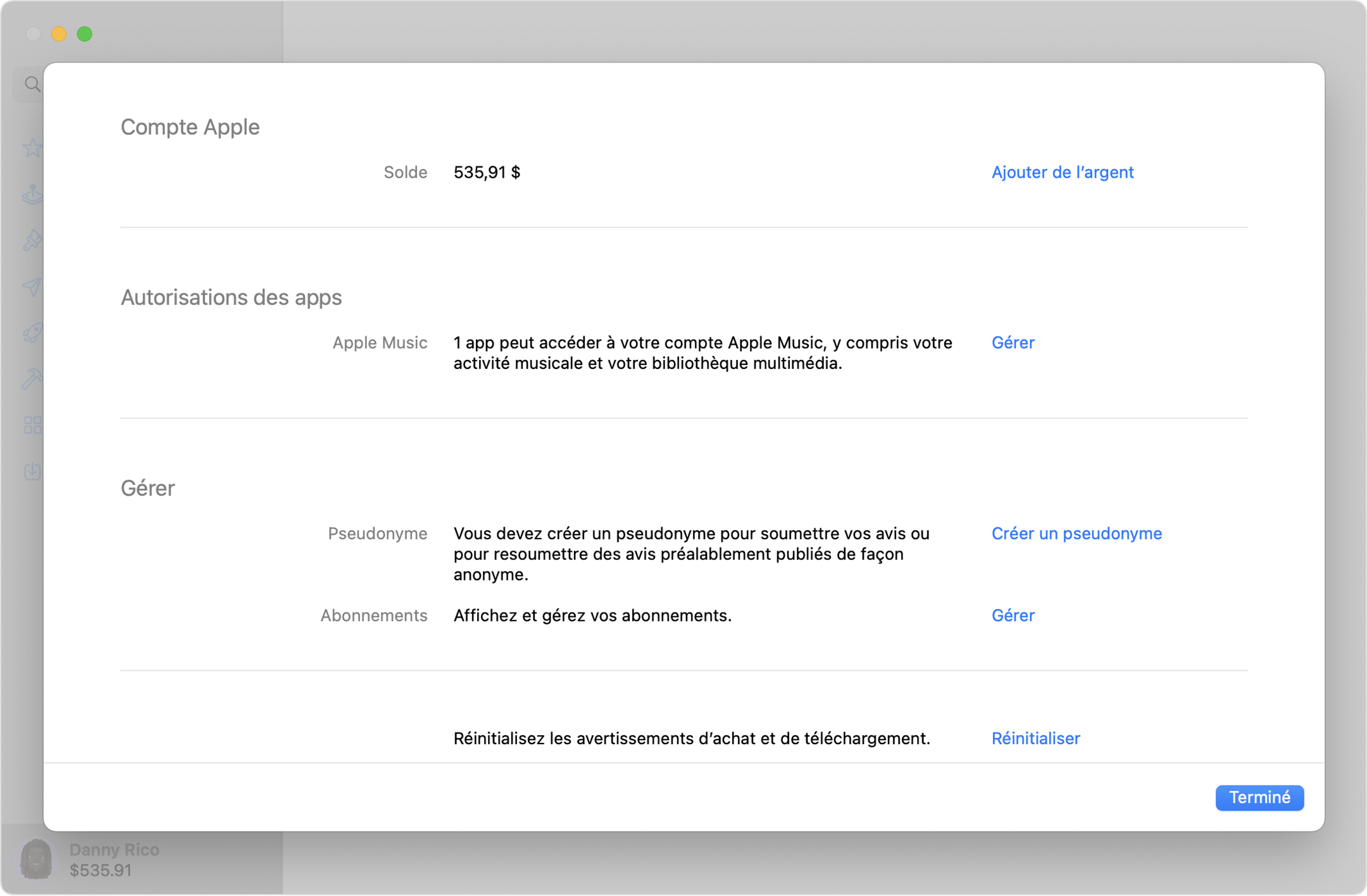 Réglages du compte Apple dans l’App Store sur Mac.