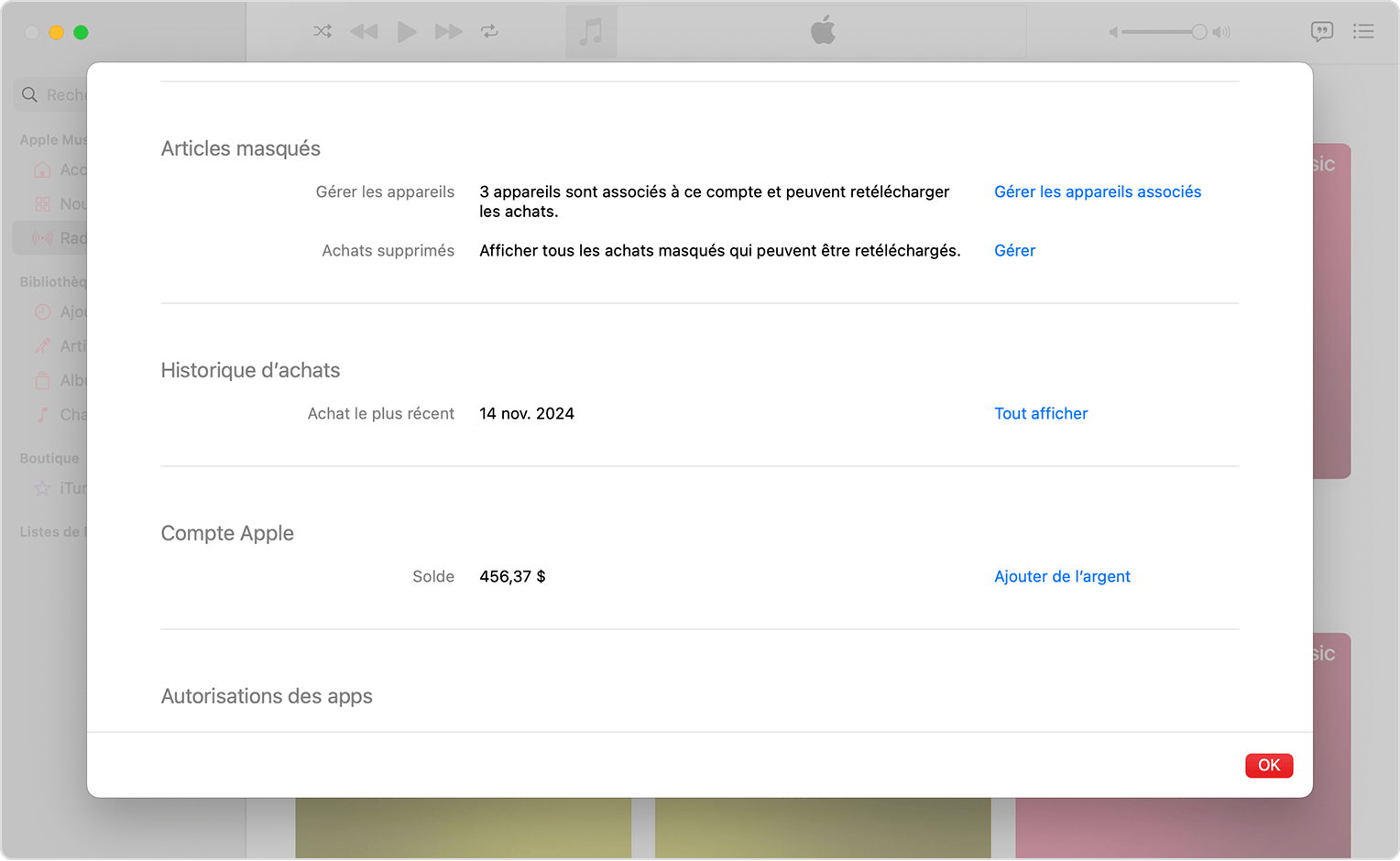 App Musique sur Mac affichant Réglages du compte et l’option Gérer les appareils associés.