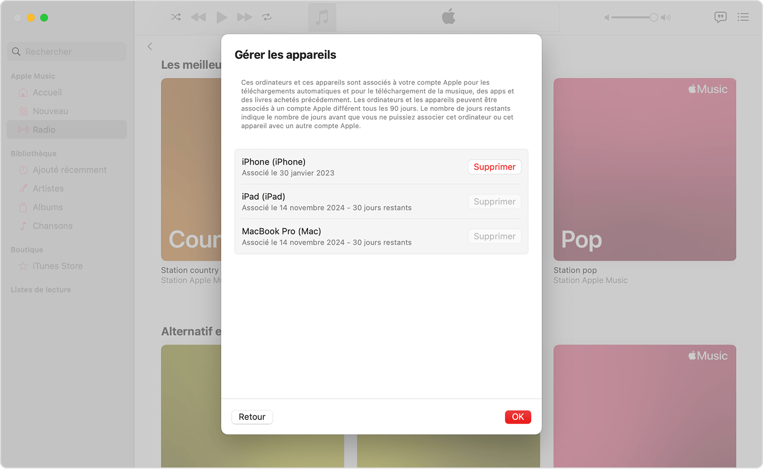 App Musique sur Mac affichant Gérer les appareils et une liste avec un bouton Supprimer à côté de chacun des appareils.