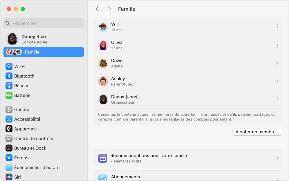 l’écran macOS affiche les étapes à suivre pour ajouter un membre à votre groupe de Partage familial.