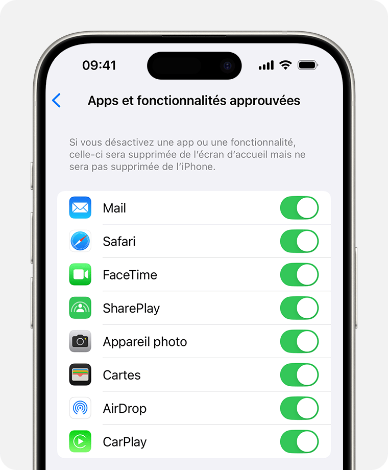 Écran d’iPhone présentant le réglage Apps autorisées