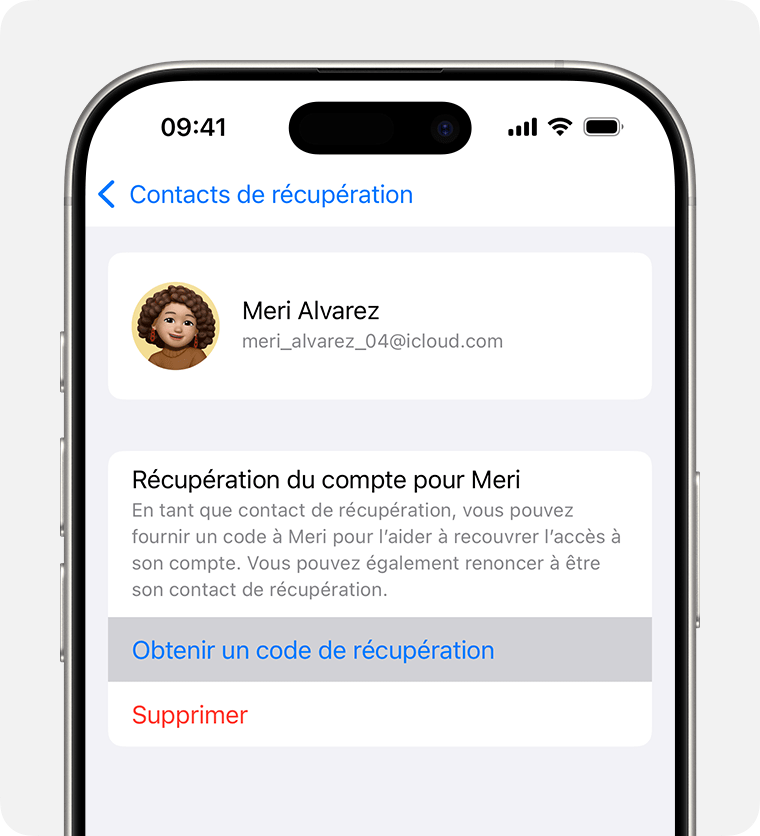 Sur iPhone, obtenir un code de récupération pour aider un ami ou un membre de la famille à retrouver l'accès à son compte.