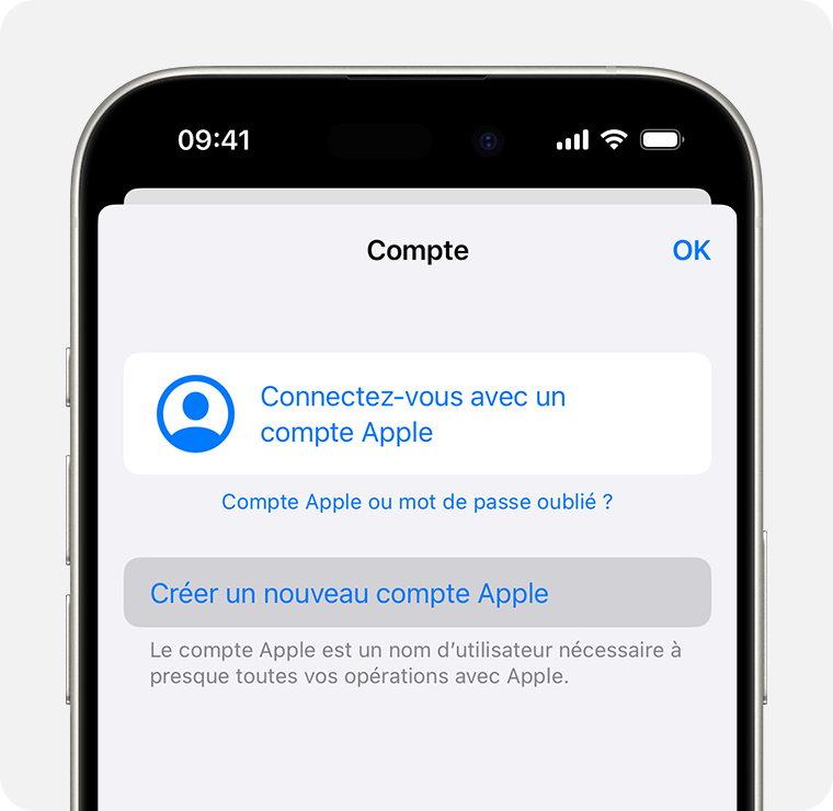 Écran de l’iPhone affichant l’option Créer un compte Apple