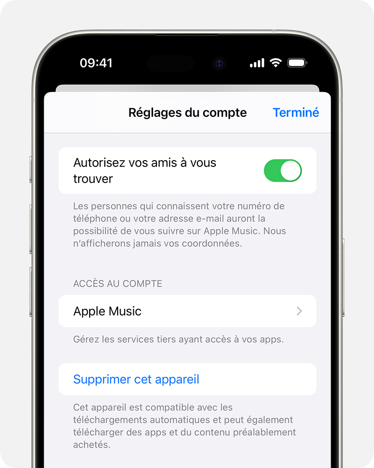 iPhone affichant les réglages du compte et l’option Supprimer cet appareil