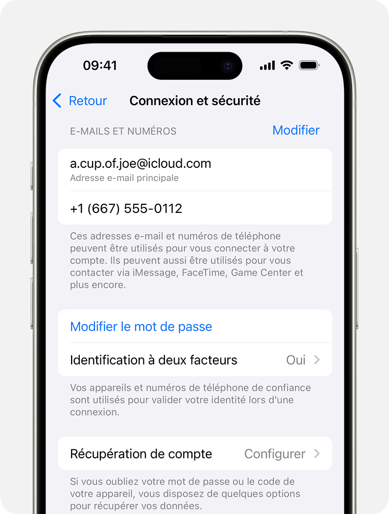 Dans les réglages du compte Apple, trouvez les adresses e-mail et les numéros de téléphone que vous pouvez utiliser pour vous connecter à votre compte Apple.