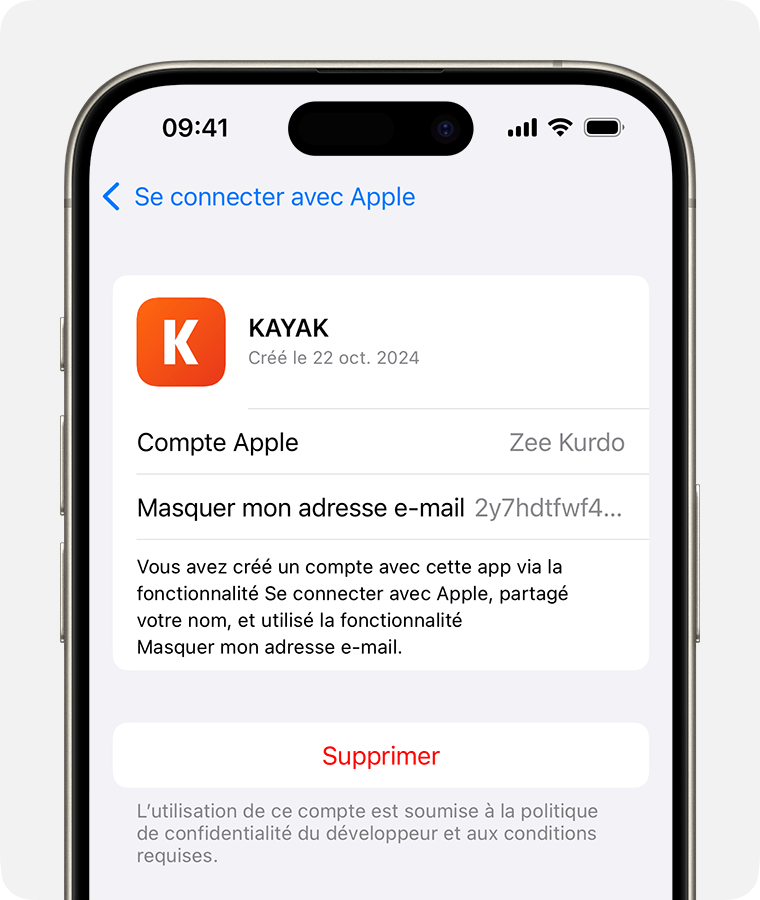 Écran de l’iPhone montrant le bouton Supprimer pour arrêter d’utiliser Se connecter avec Apple