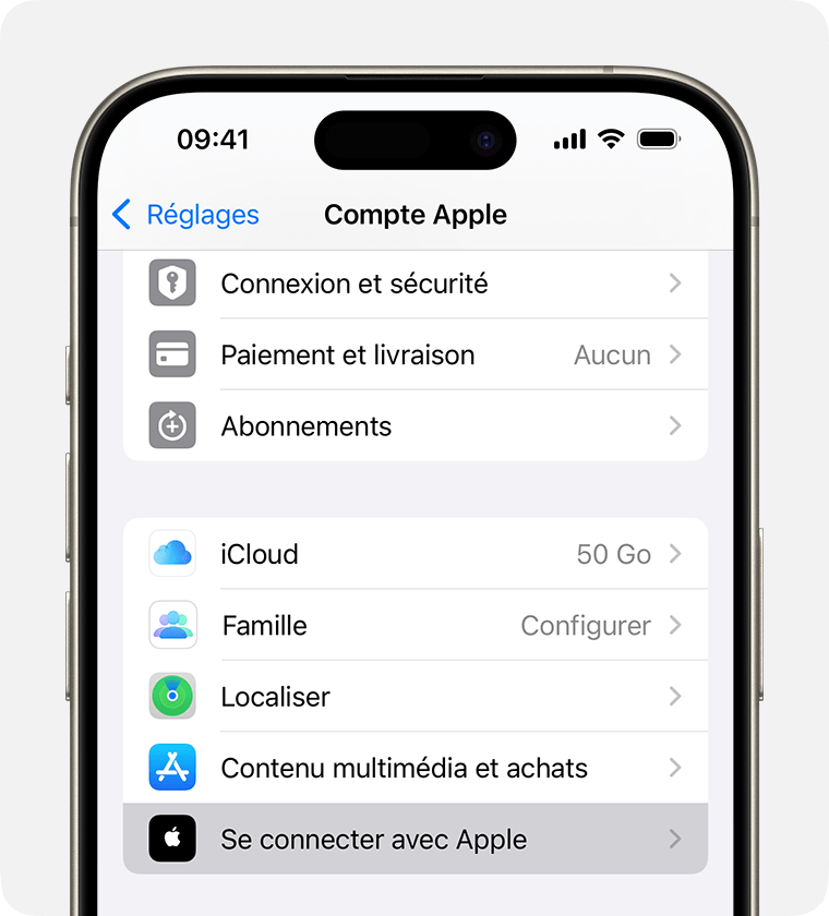 Écran de l’iPhone montrant l’emplacement des Réglages pour le service Se connecter avec Apple