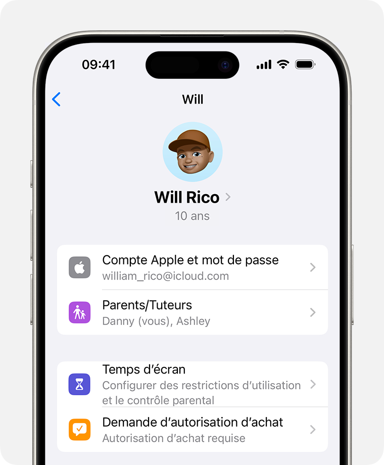 Une fois que vous avez touché le nom d’un membre de la famille, le réglage Demander l’autorisation d’achat apparaît dans la deuxième section de l’écran.