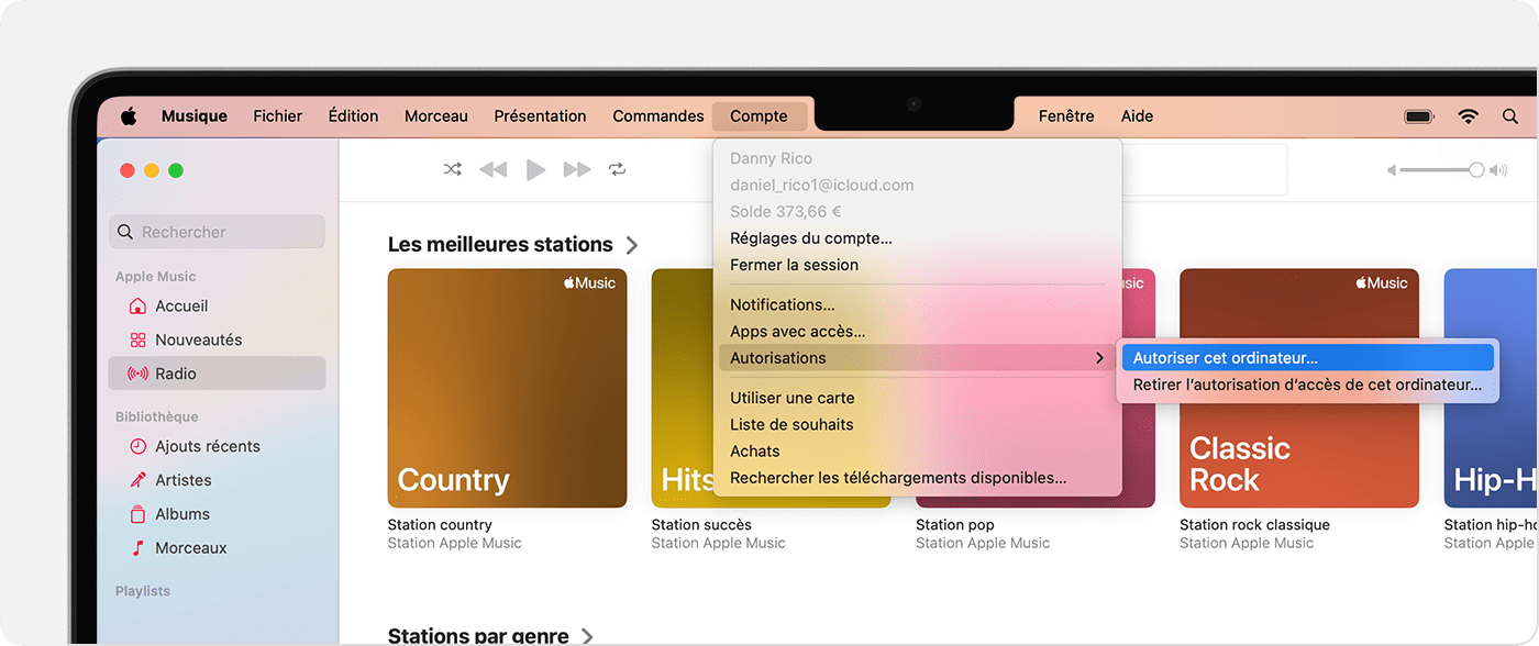 App Apple Music sur un Mac présentant le réglage Autoriser cet ordinateur ou Retirer l’autorisation d’accès de cet ordinateur