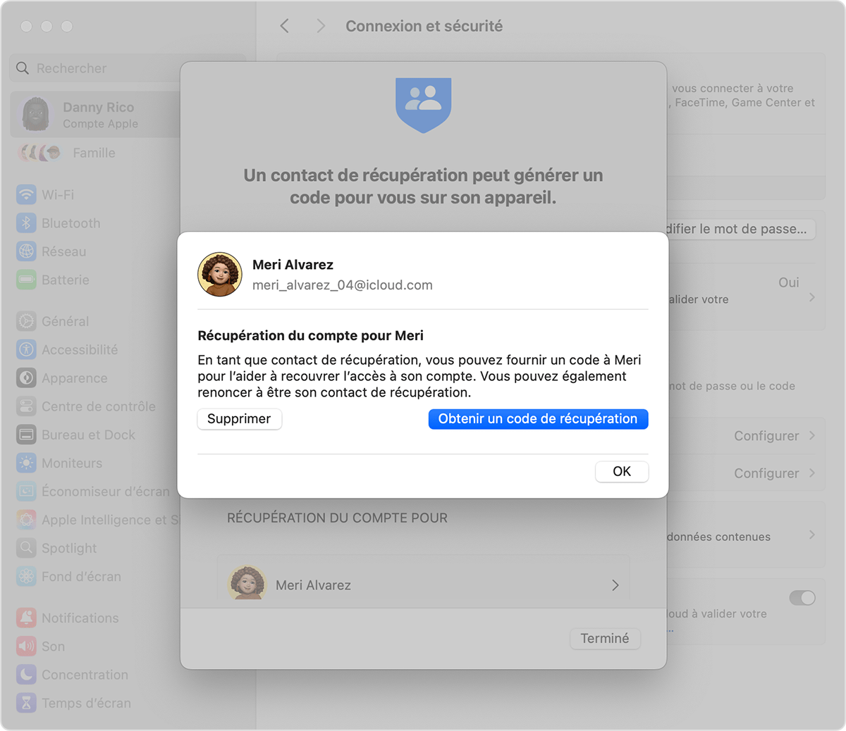 Sur Mac, obtenir un code de récupération pour un ami ou un membre de la famille.