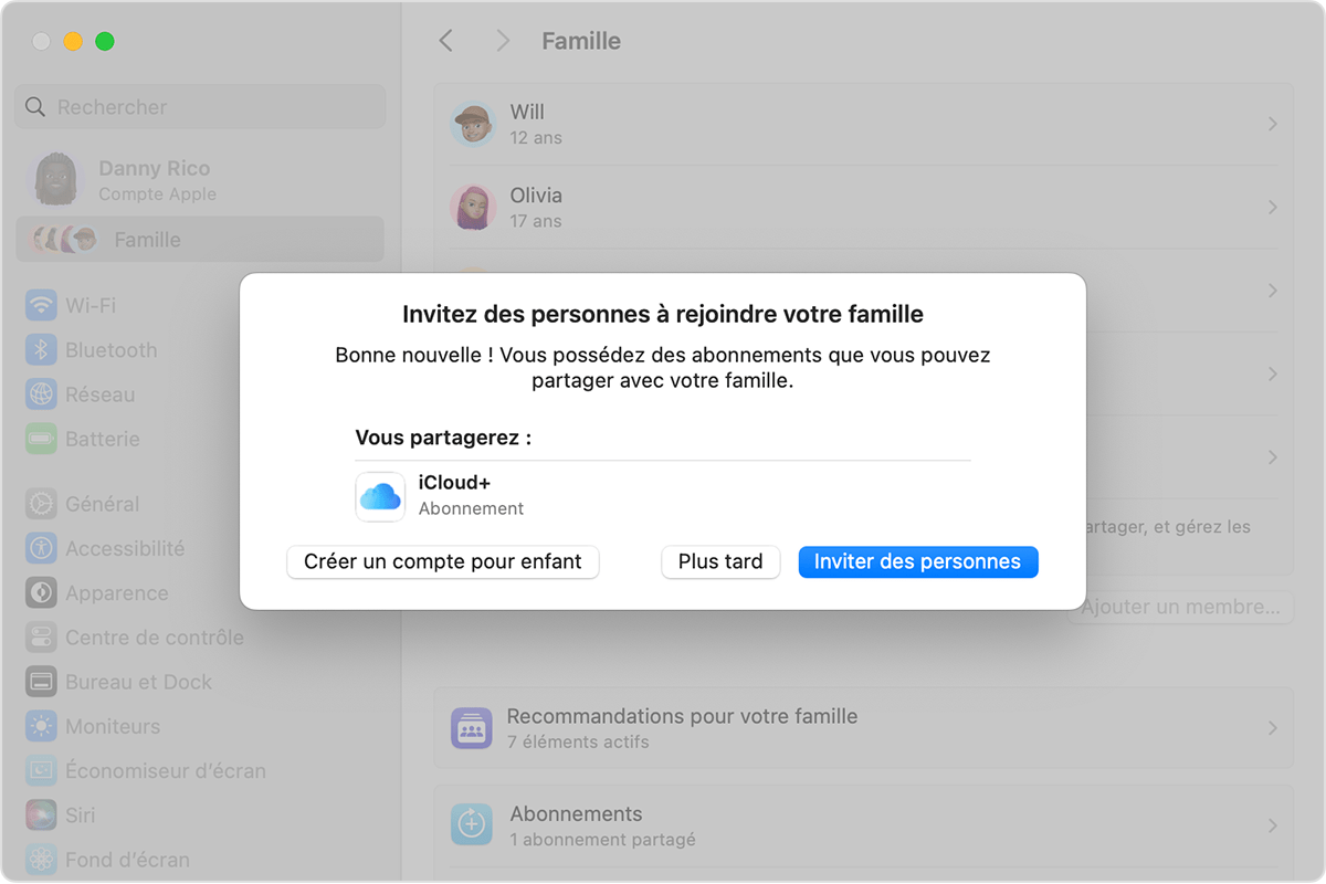 Réglages Système Mac affichant l’invitation à rejoindre un groupe de partage familial et le bouton Créer un compte enfant