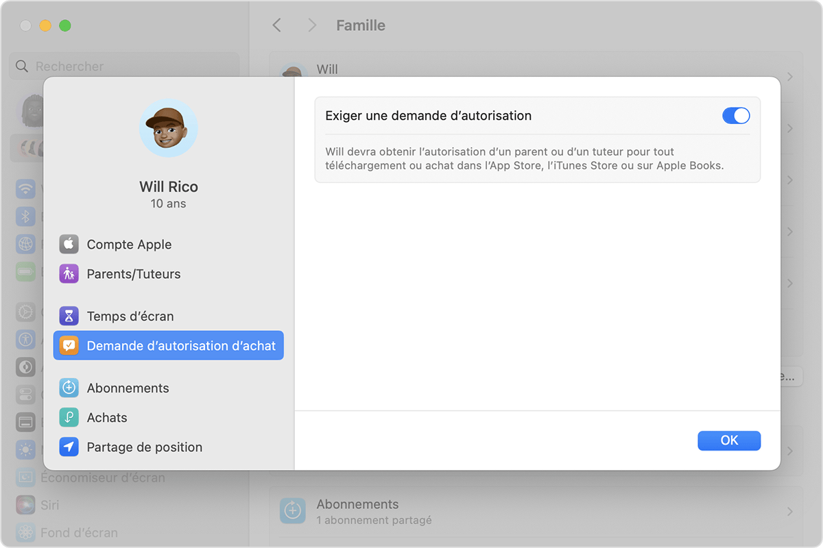 Une fois que vous avez cliqué sur le nom d’un membre de la famille, le réglage Demander l’autorisation d’achat apparaît dans la barre latérale.