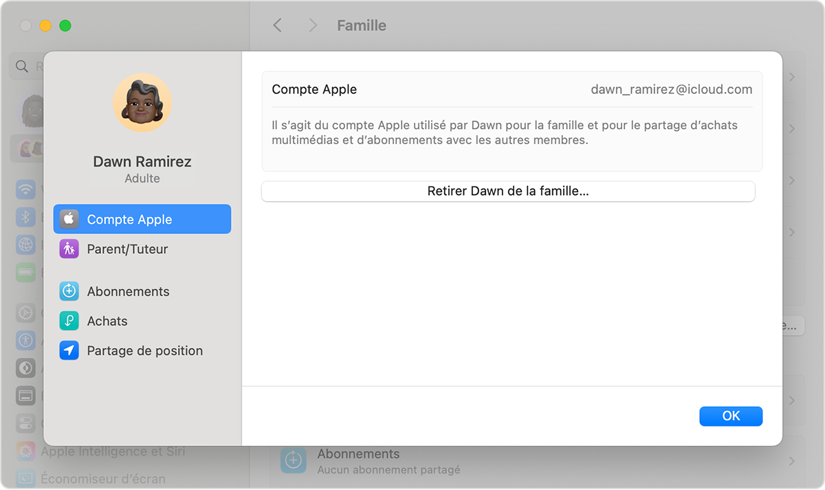 Écran du Mac montrant l’étape à suivre pour retirer un membre de votre groupe de partage familial.