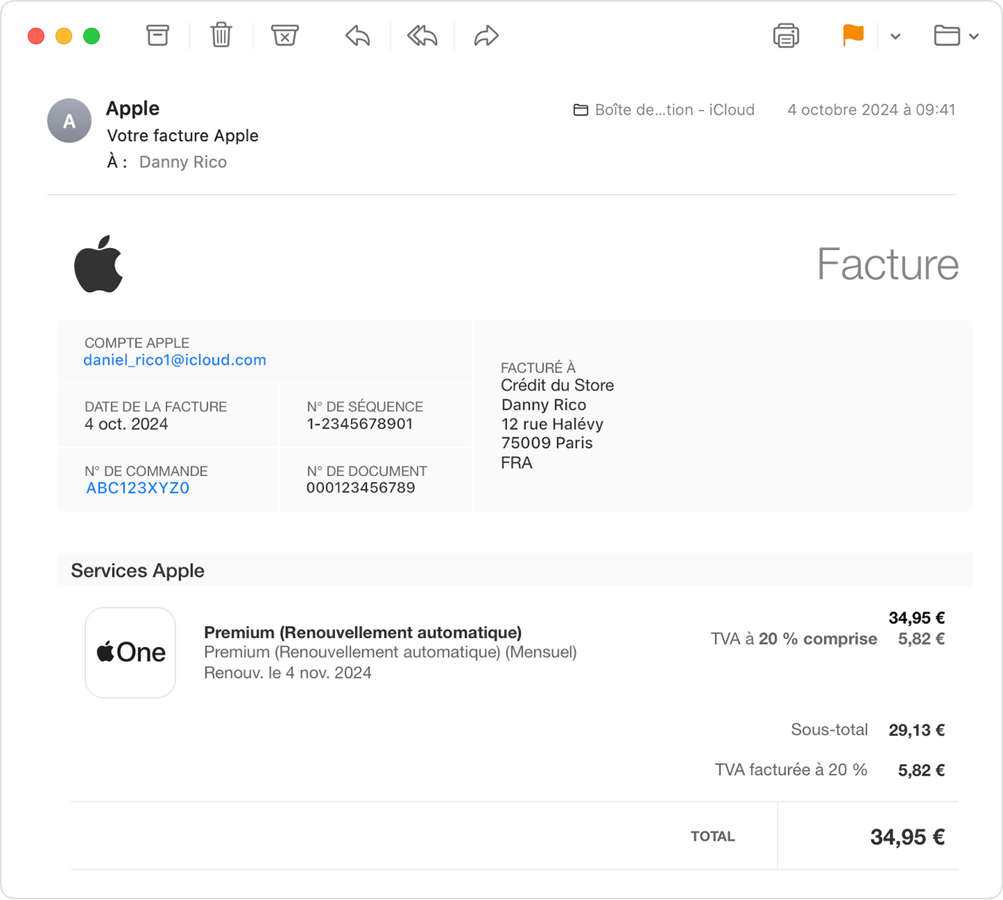 Image montrant un reçu d’Apple dans une boîte de réception Mail iCloud.