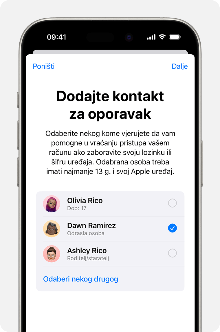 iPhone na kojem se prikazuju kontakti koje možete dodati kao kontakt za oporavak