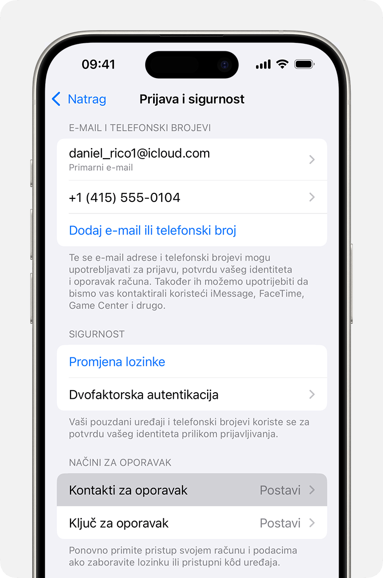 iPhone na kojem se prikazuju postavke Apple računa i kako dodati kontakt za oporavak