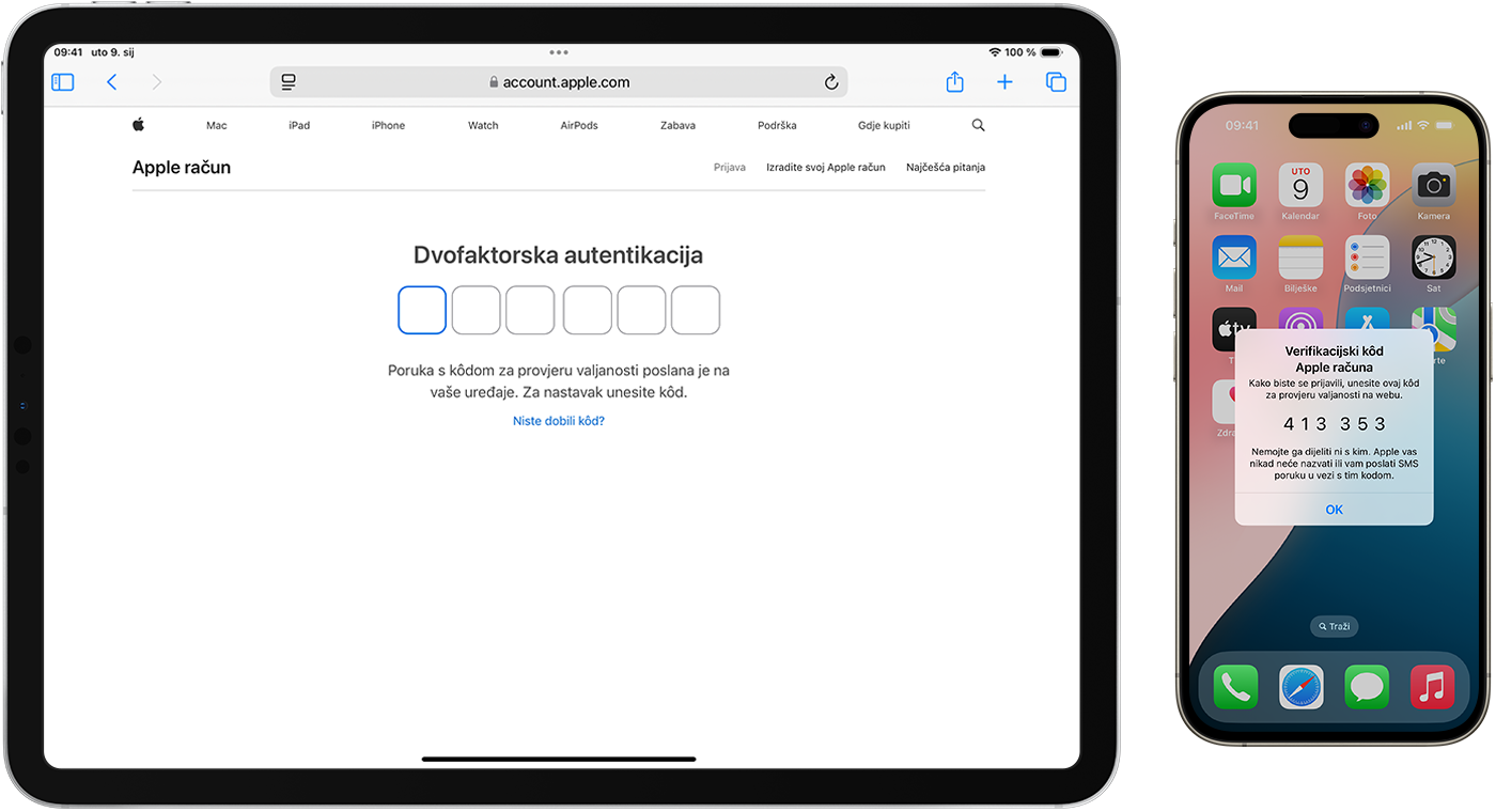 Web-mjesto na kojem treba unijeti šesteroznamenkasti kod za provjeru i iPhone na kojem se prikazuje šesteroznamenkasti kod za provjeru