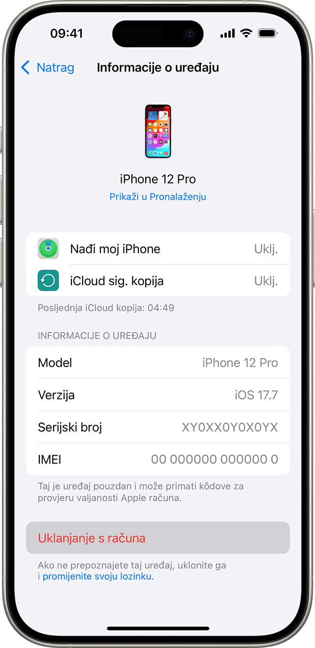 iPhone uređaj na kojem se prikazuje gumb Ukloni s računa za uređaj