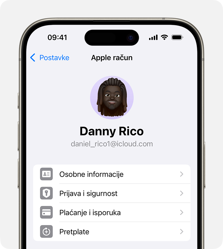 Postavke Apple računa u aplikaciji Postavke na iPhone uređaju.
