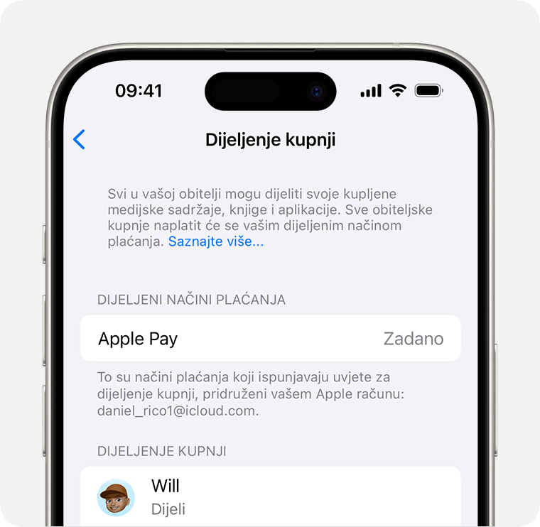 Zaslon iPhone uređaja s prikazom načina plaćanja za Dijeljenje kupljenih sadržaja.