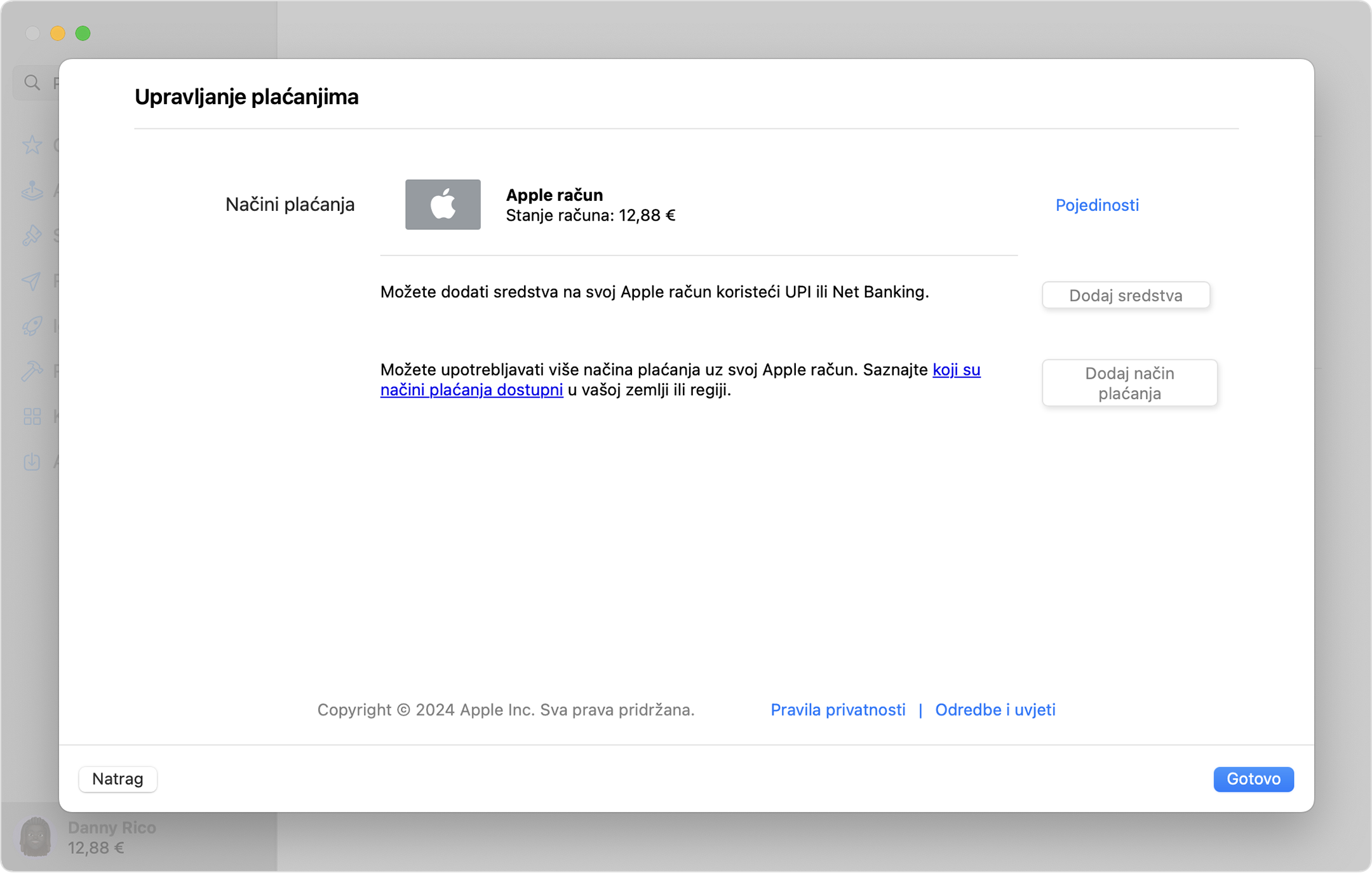 Zaslon Mac uređaja na kojem se prikazuju postavke opcije Upravljanje plaćanjem s istaknutim gumbom Dodaj plaćanje.