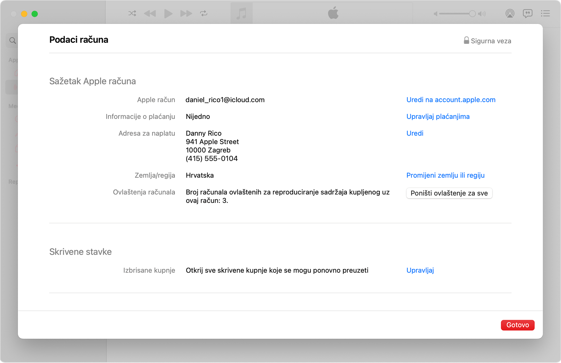 Aplikacija Apple Music na Mac računalu koja prikazuje stranicu Podaci o računu i broj ovlaštenih računala