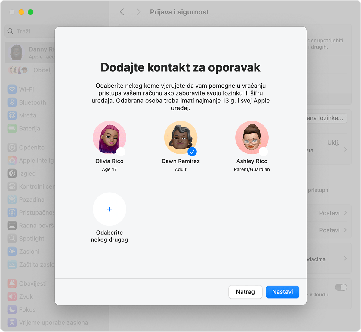 Mac na kojem se prikazuju kontakti koje možete dodati kao kontakt za oporavak