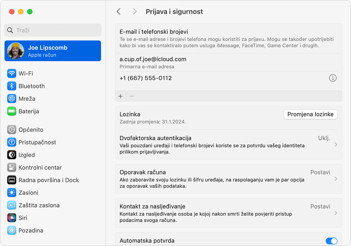 U postavkama Apple računa na Mac računalu pronađite e-mail adrese i telefonske brojeve uz pomoć kojih se možete prijaviti na svoj Apple račun