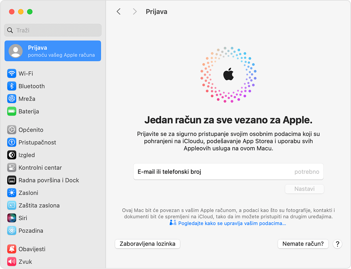 Zaslon Mac računala na kojem je prikazan gumb opcije Nemate račun?