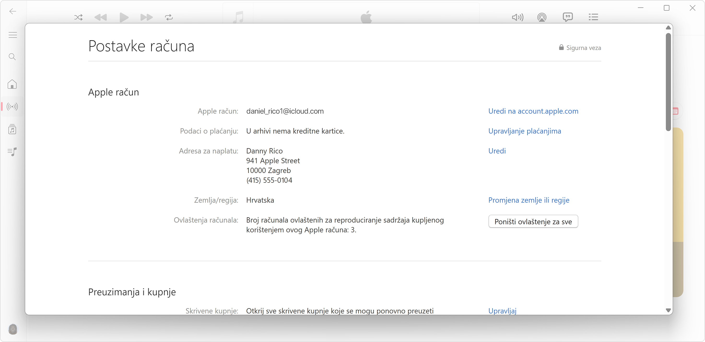 Aplikacija Apple Music za PC računalo sa sustavom Windows koja prikazuje stranicu Podaci o računu i koliko je računala ovlašteno