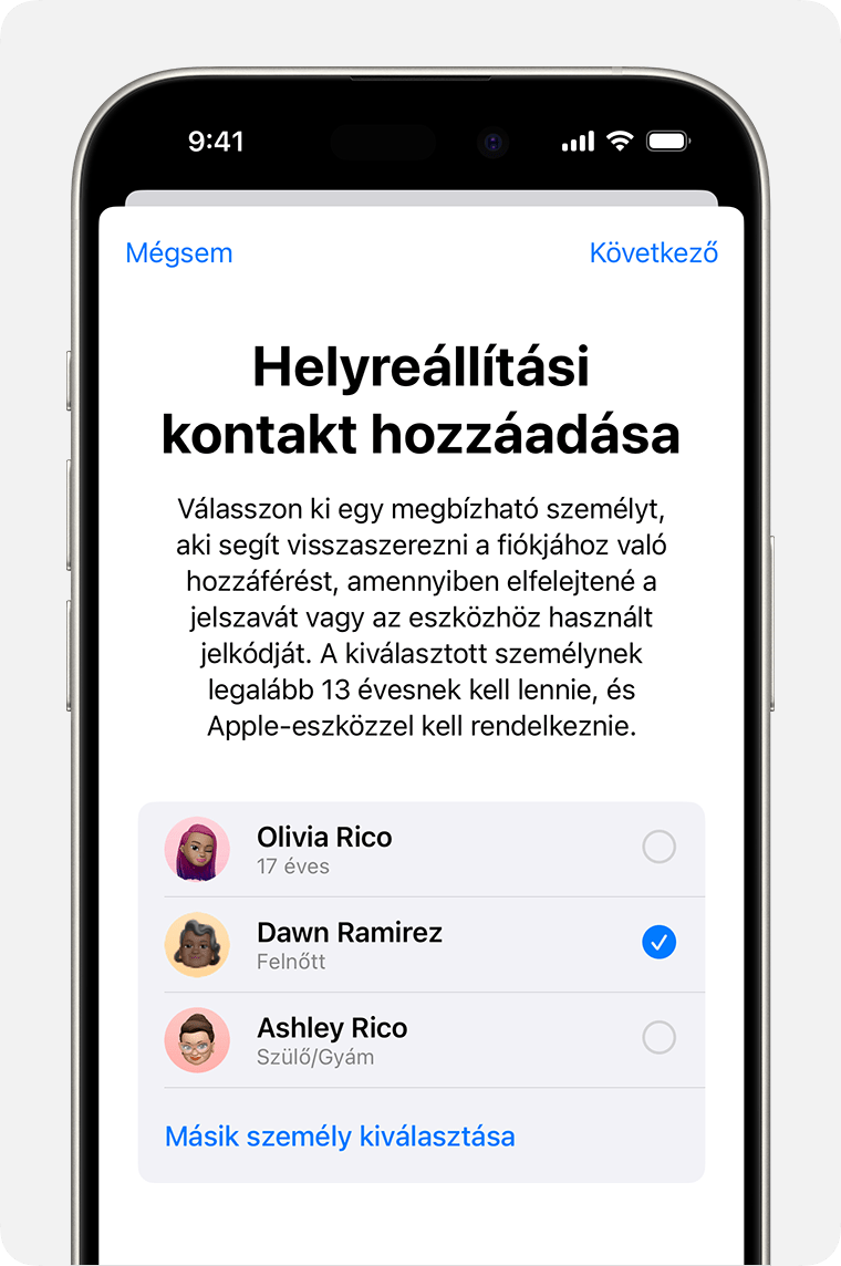 Egy iPhone-on a helyreállítási kontaktként hozzáadható kontaktok láthatók