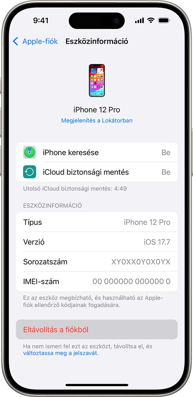 Egy készülék Eltávolítás a fiókból gombját megjelenítő iPhone