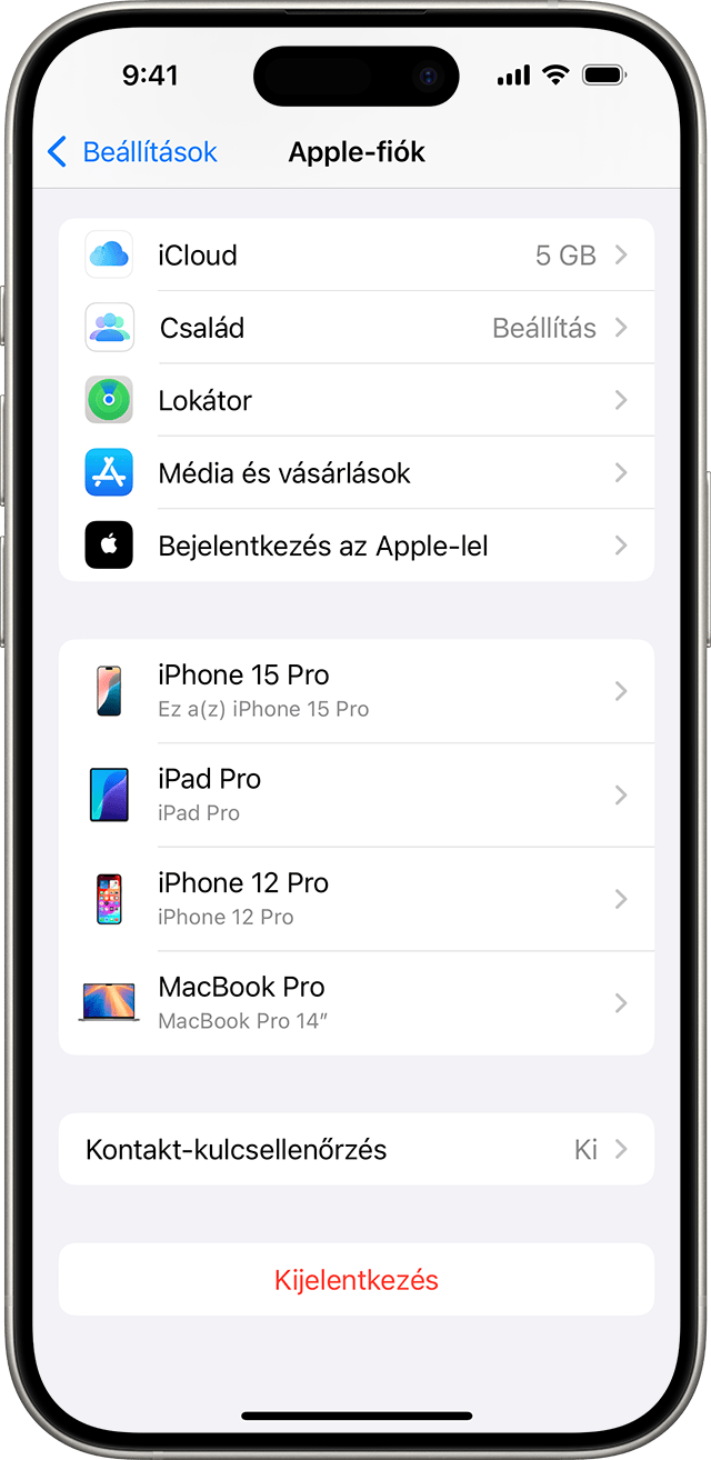 Eszközök listáját megjelenítő iPhone-beállítások