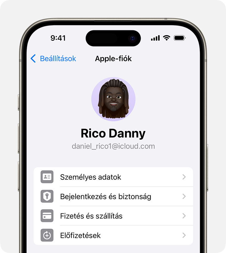 Az Apple-fiók beállításai az iPhone Beállítások appjában.