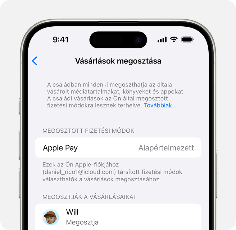 Egy iPhone képernyője, amelyen a Vásárlások megosztása funkcióhoz elérhető fizetési módok láthatók.